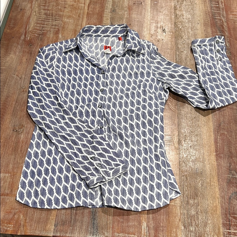 Navy Patterned White Cotton Button Down From Ital… - image 1